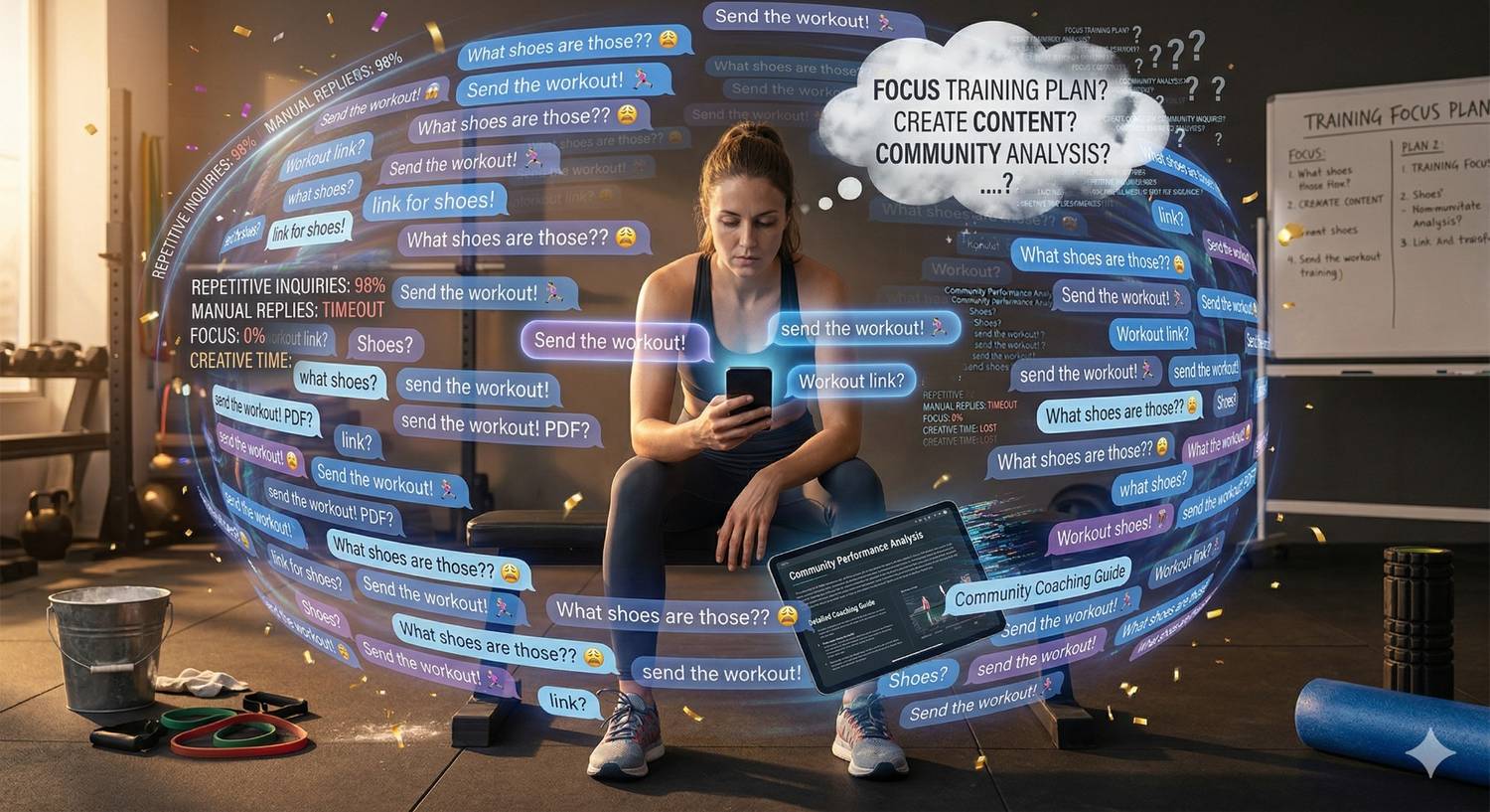 Digital illustration titled "The Athlete Inbox Burnout" showing a female athlete overwhelmed by a swirling cloud of repetitive DM enquiries like "Send the workout!" and "What shoes are those?", highlighting the loss of creative time to manual replies.