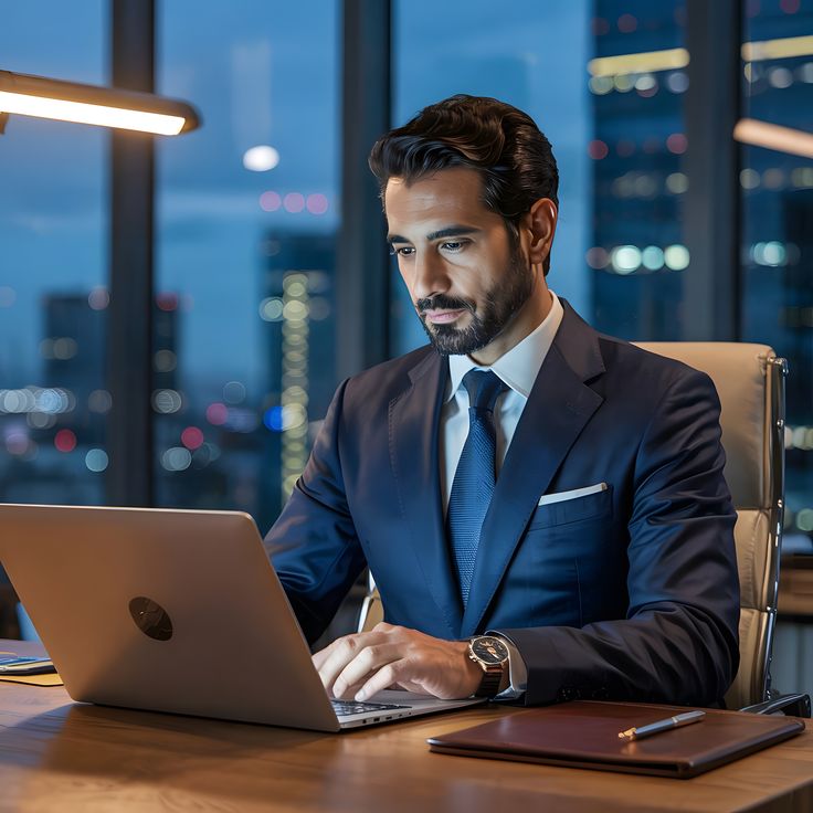 A man in a business suit working on a laptop at a desk with a city skyline in the background at night.