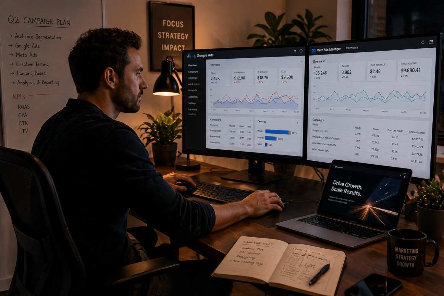 A man sits at a desk in a dimly lit office, viewing detailed analytics dashboards for Google Ads and Meta Ads Manager on two large computer monitors. A laptop, an open notebook with campaign ideas, and a whiteboard with a "Q2 Campaign Plan" are also visible.
