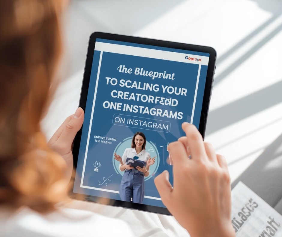 An over-the-shoulder view of a person holding a tablet, interacting with the screen. The tablet displays a blue digital document or presentation slide titled "The Blueprint TO SCALING YOUR CREATOR FEED ONE INSTAGRAMS ON INSTAGRAM," featuring an image of a smiling woman holding a folder and some abstract graphics. The text on the screen contains some gibberish or AI-generated artifacts.