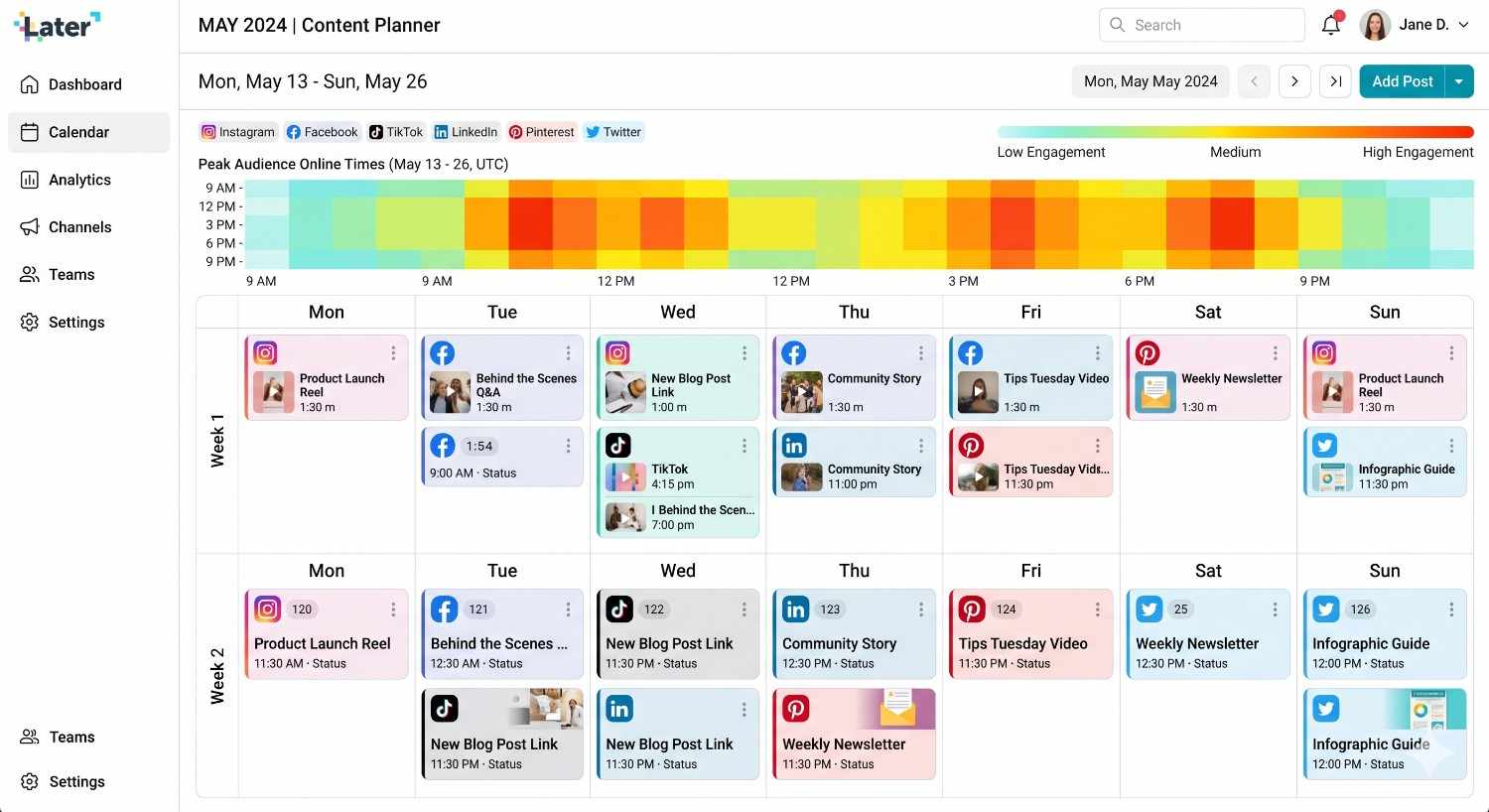 A comprehensive social media content calendar interface featuring a 'Peak Audience Online Times' heat map and a detailed weekly grid of scheduled posts for TikTok, Pinterest, Twitter, and other platforms.