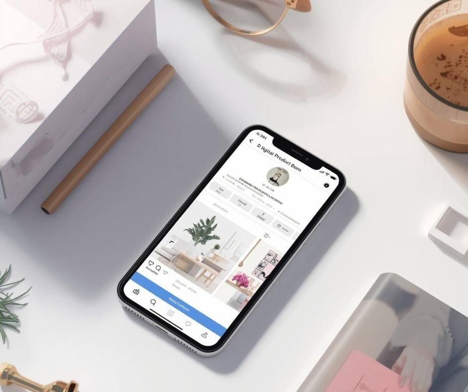 A smartphone lies on a bright, minimalist white desk, displaying an Instagram profile titled "Digital Product Boom." The feed features high-quality lifestyle and interior design imagery, illustrating a professional aesthetic for a creator brand.
