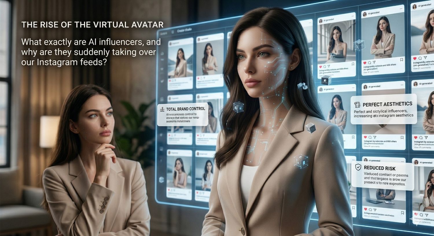 This image illustrates "The Rise of the Virtual Avatar," showing a woman observing a digital interface filled with AI-generated social media profiles. The graphic highlights key advantages of AI influencers, such as total brand control, perfect aesthetics, and reduced risk, while showcasing the seamless integration of technology into modern marketing.