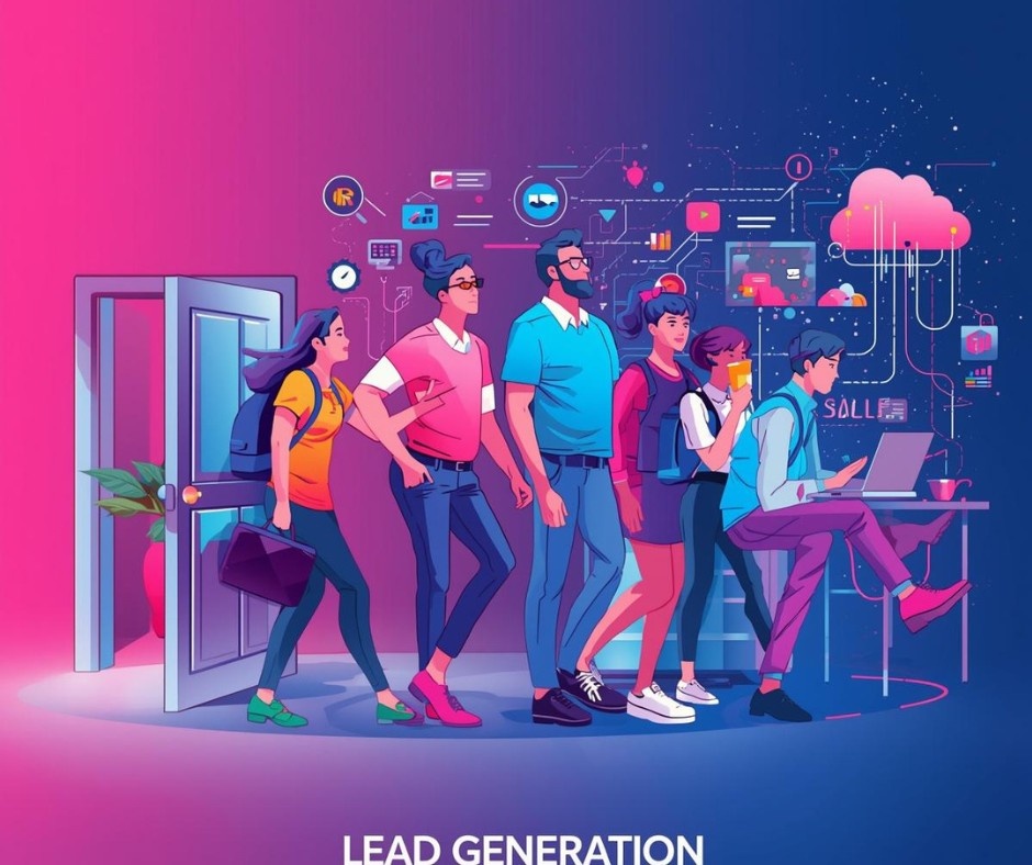 This vibrant, stylized illustration titled "LEAD GENERATION" depicts a diverse group of people walking through an open door, symbolizing the transition from potential leads to active customers.