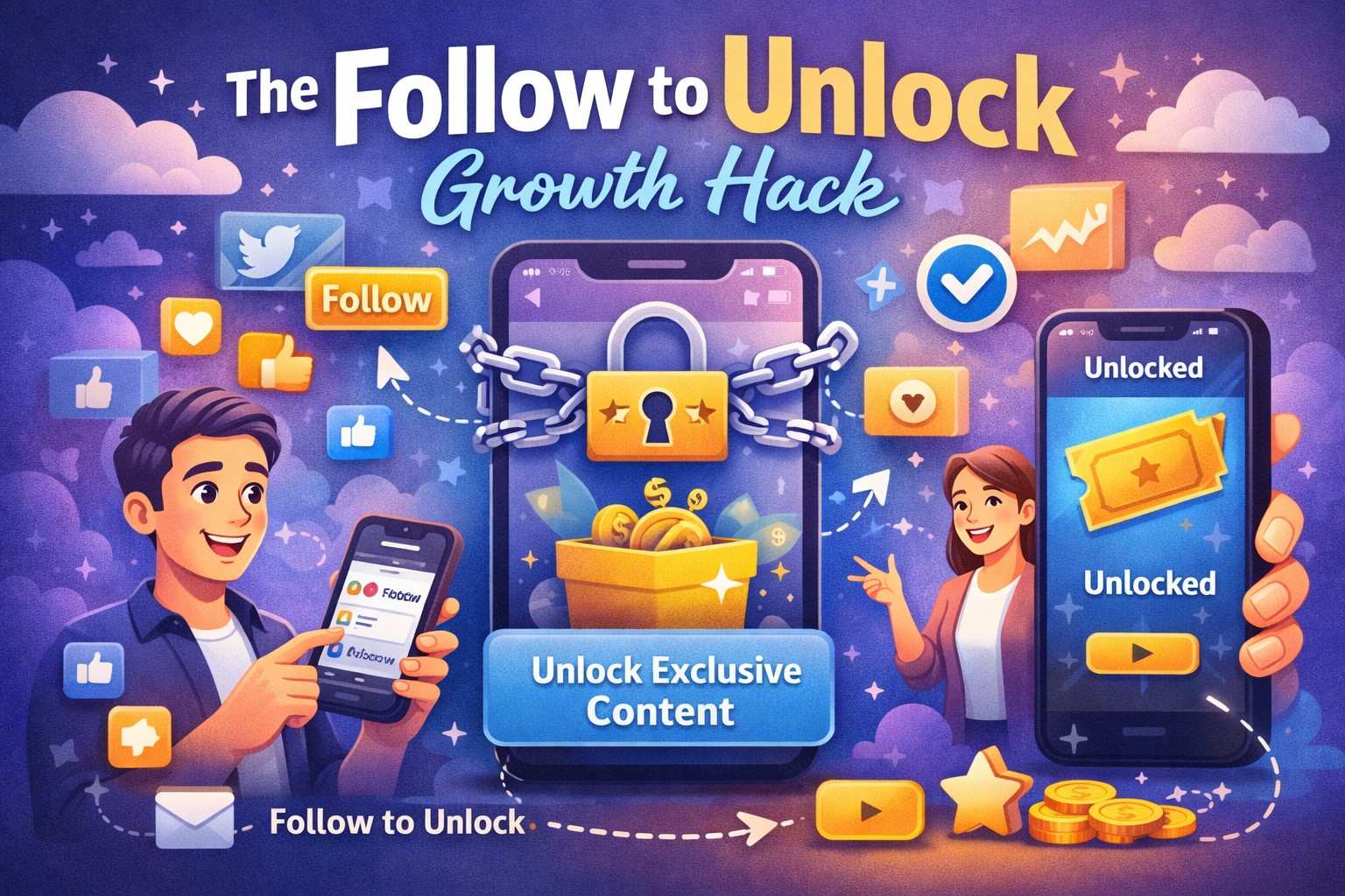 An illustration titled "The Follow to Unlock Growth Hack" depicts a smartphone with a gold padlock and chains being unlocked, revealing a golden ticket and exclusive content once a user follows the profile.