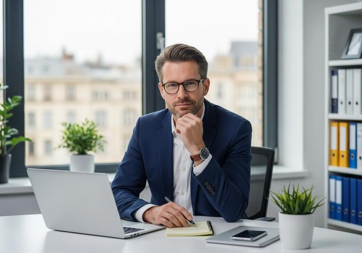 A professional man in a suit and glasses sitting at an office desk with a laptop, looking thoughtful.
