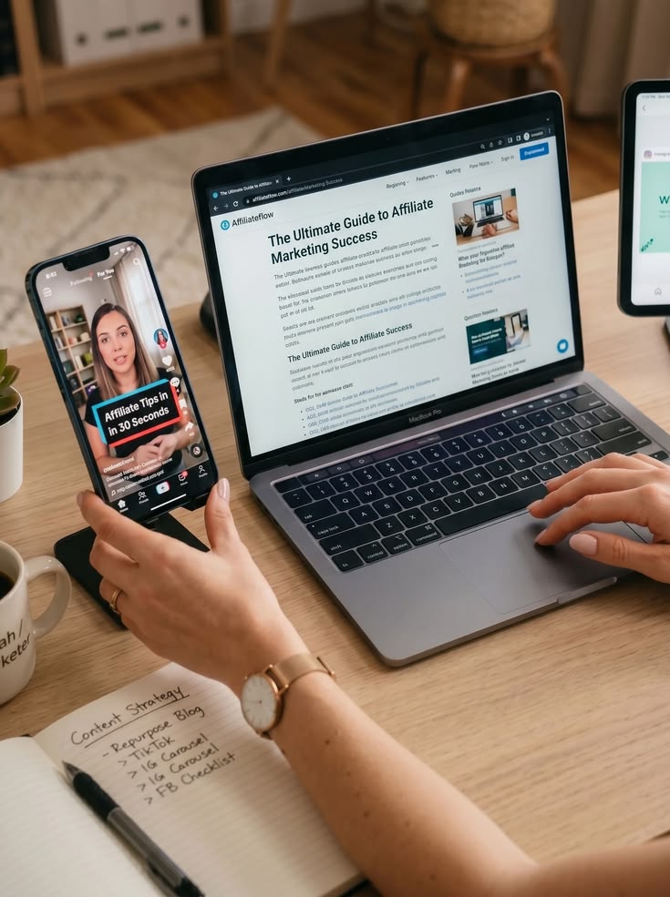A person working at a desk with a laptop showing an affiliate marketing guide, a smartphone playing a video about affiliate tips, and a handwritten content strategy notebook.