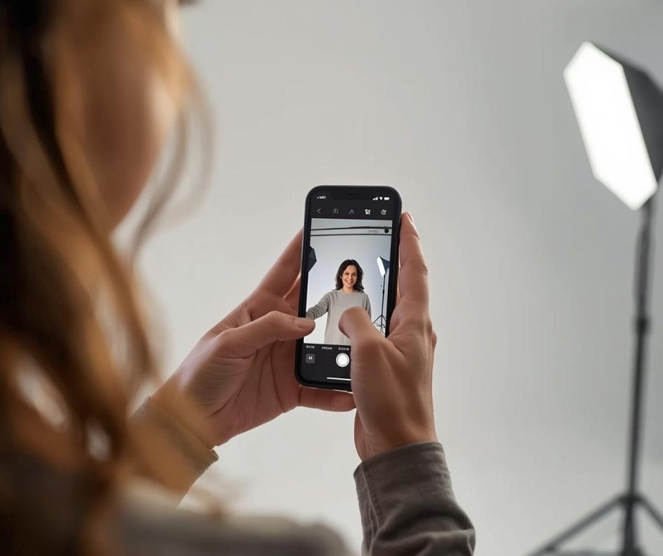 A close-up, over-the-shoulder shot of a person holding a smartphone and taking a photo of a woman in a professional studio setting. The phone screen displays a live preview of the model smiling against a minimalist background. In the physical studio, a large hexagonal softbox light is visible in the blurred background, providing bright, clean illumination. The focus is sharp on the hands holding the phone, emphasizing the process of content creation.
