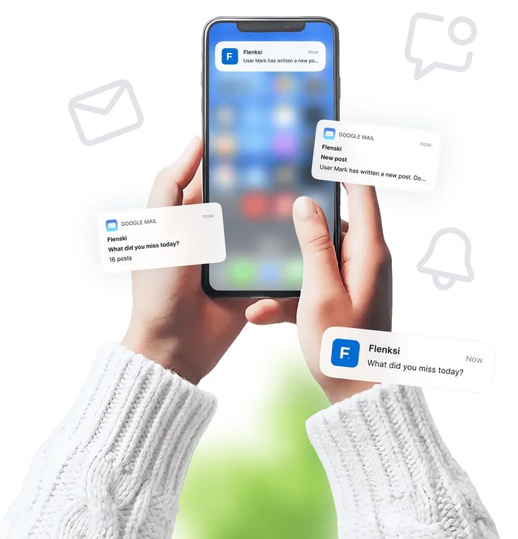 A person holding a smartphone showing multiple floating app notifications for new posts and messages from Flenksi and Google Mail.