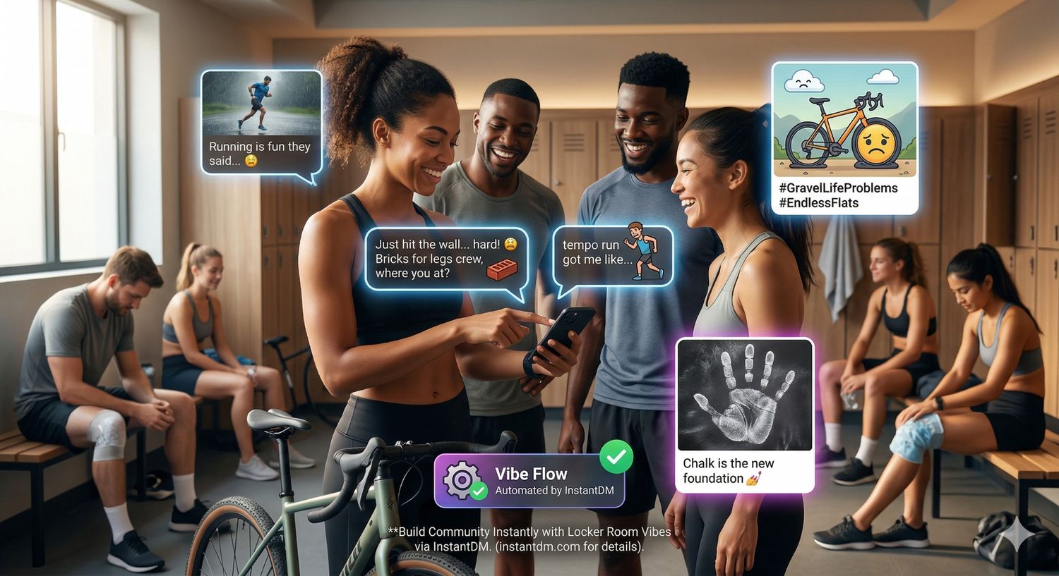 Digital illustration titled "The Locker Room Vibe" showing athletes in a locker room sharing lighthearted training struggles via their phones, powered by a "Vibe Flow" automation that builds community through shared relatable experiences.