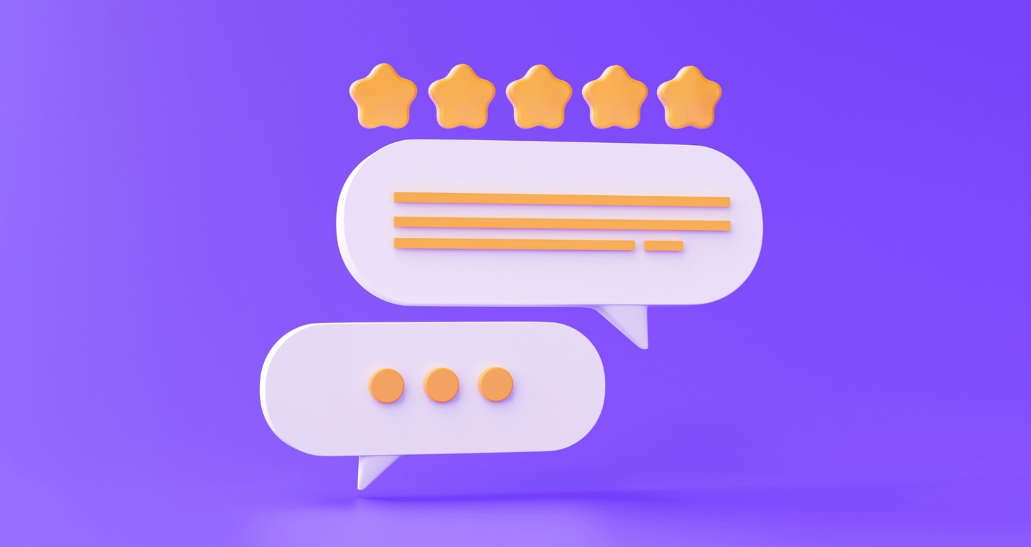 3D illustration of two chat bubbles with five stars floating above them on a vibrant purple background, representing the positive impact of automated interactions.
