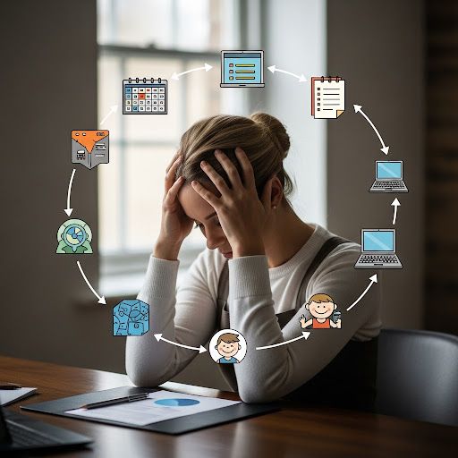 A woman sitting at a desk with her hands on her head, looking stressed and overwhelmed. A circular diagram of connected icons floats around her head—including a calendar, laptops, checklists, people, and data charts—illustrating an endless, exhausting cycle of daily tasks and responsibilities.