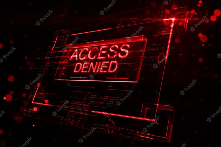 A futuristic, glowing red computer screen interface with digital HUD elements and light flares on a black background, flashing a bold 'ACCESS DENIED' error message.