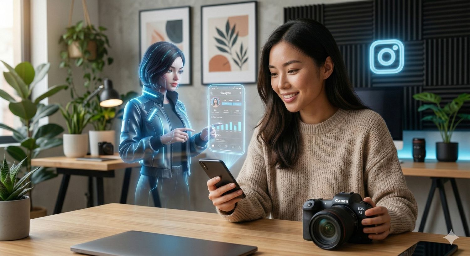 This graphic contrasts a human creator with an AI influencer, separated by a glowing digital panel titled "AI Influencers on Instagram." On the left, a woman holds a professional camera representing human traits like "Authentic Connection" and "Real Stories," while on the right, a stylized AI character represents "Perfect Aesthetics" and "Data Driven" performance. The futuristic design uses neon blue tones to compare the 85% real engagement of humans against the 98% optimized performance of AI.