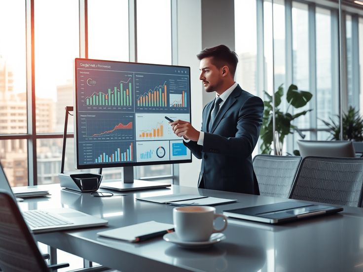 A digital marketing professional reviewing conversion rates and performance metrics on a high-tech dashboard in a bright, modern corporate office.