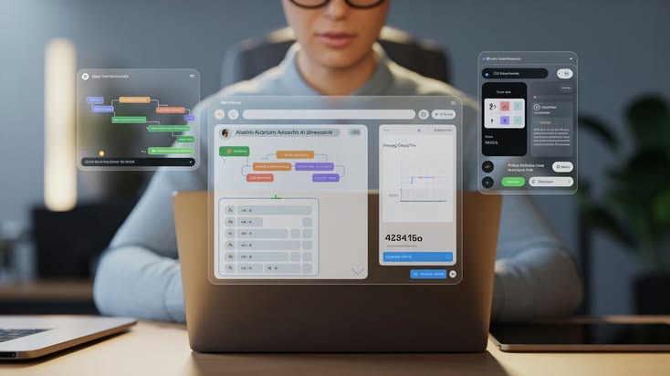 An illustration of a person working on a laptop, with several floating, futuristic digital interfaces hovering in the air around the screen. The interfaces display flowchart diagrams, data points, and UI elements related to automation workflows.