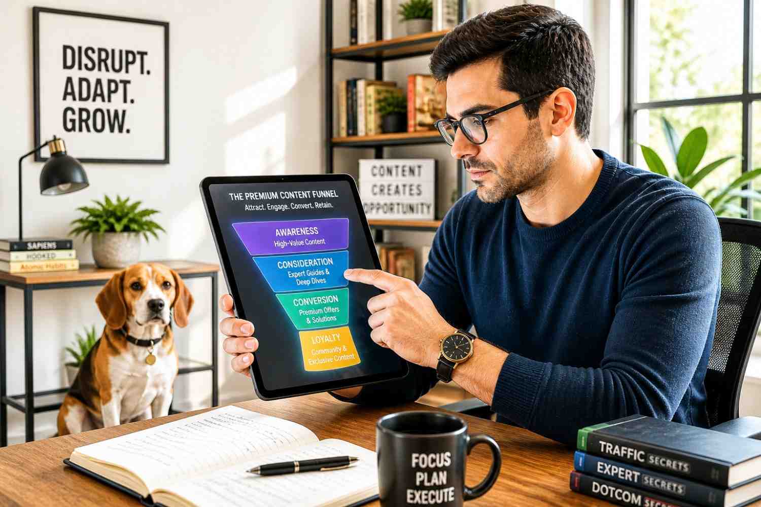 The workspace is filled with strategic mantras to keep the user on track, including a framed poster reading "DISRUPT. ADAPT. GROW.", a letter board stating "CONTENT CREATES OPPORTUNITY", and a coffee mug with the words "FOCUS PLAN EXECUTE.'