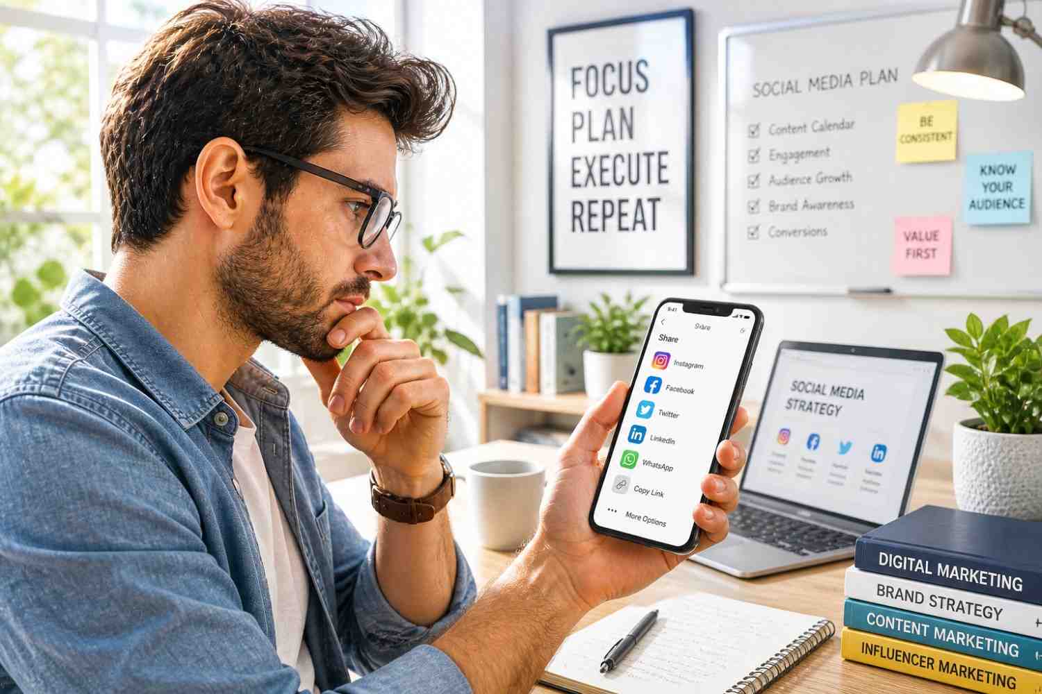 A focused man wearing glasses sits thoughtfully at his desk, closely examining a social media sharing menu on his smartphone. His bright workspace is surrounded by digital marketing materials, including stacked strategy books, a laptop displaying social icons, and wall boards filled with planning notes.