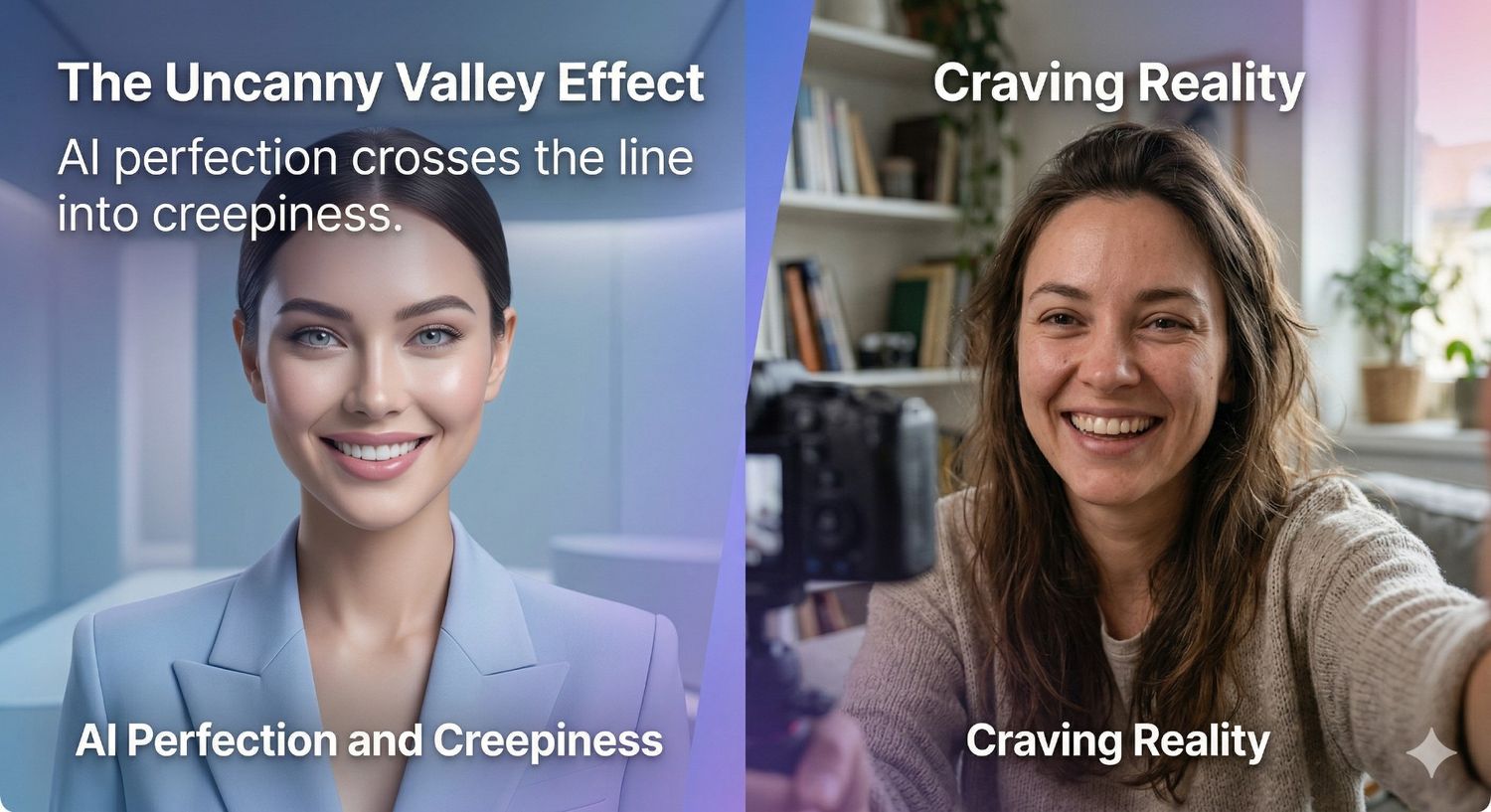 Uncanny Valley Effect," contrasting a flawless AI-generated woman under "AI Perfection and Creepiness" with a natural, smiling woman taking a selfie under "Craving Reality." This visual highlights the psychological discomfort caused by near-perfect artificial humans versus the warmth and authenticity of real-life content creators.