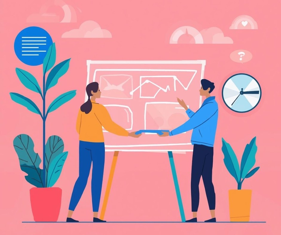 An artistic illustration titled 'The Visual Handshake' on a pink background, featuring two people collaborating in front of a whiteboard with graphs and data visualizations, symbolizing a professional agreement and creative synergy.