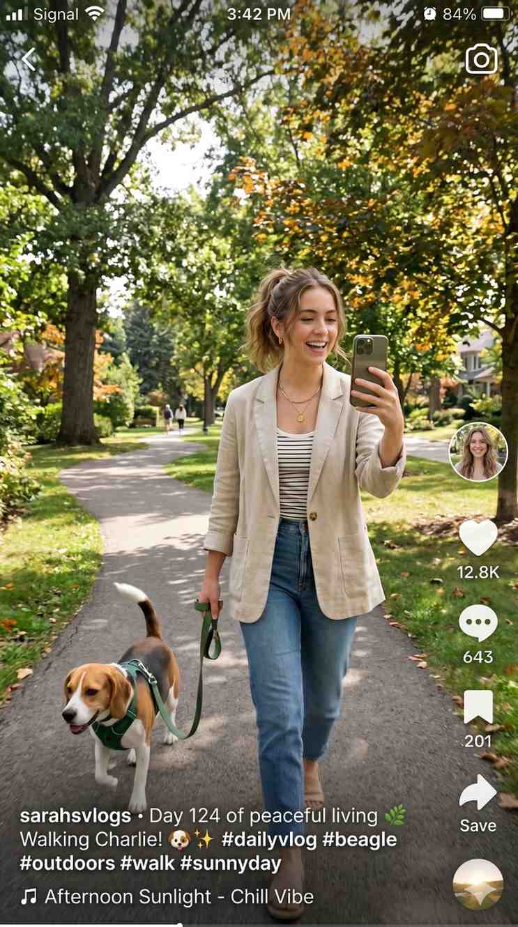 A smiling woman taking a selfie while walking her beagle on a sunlit park path.