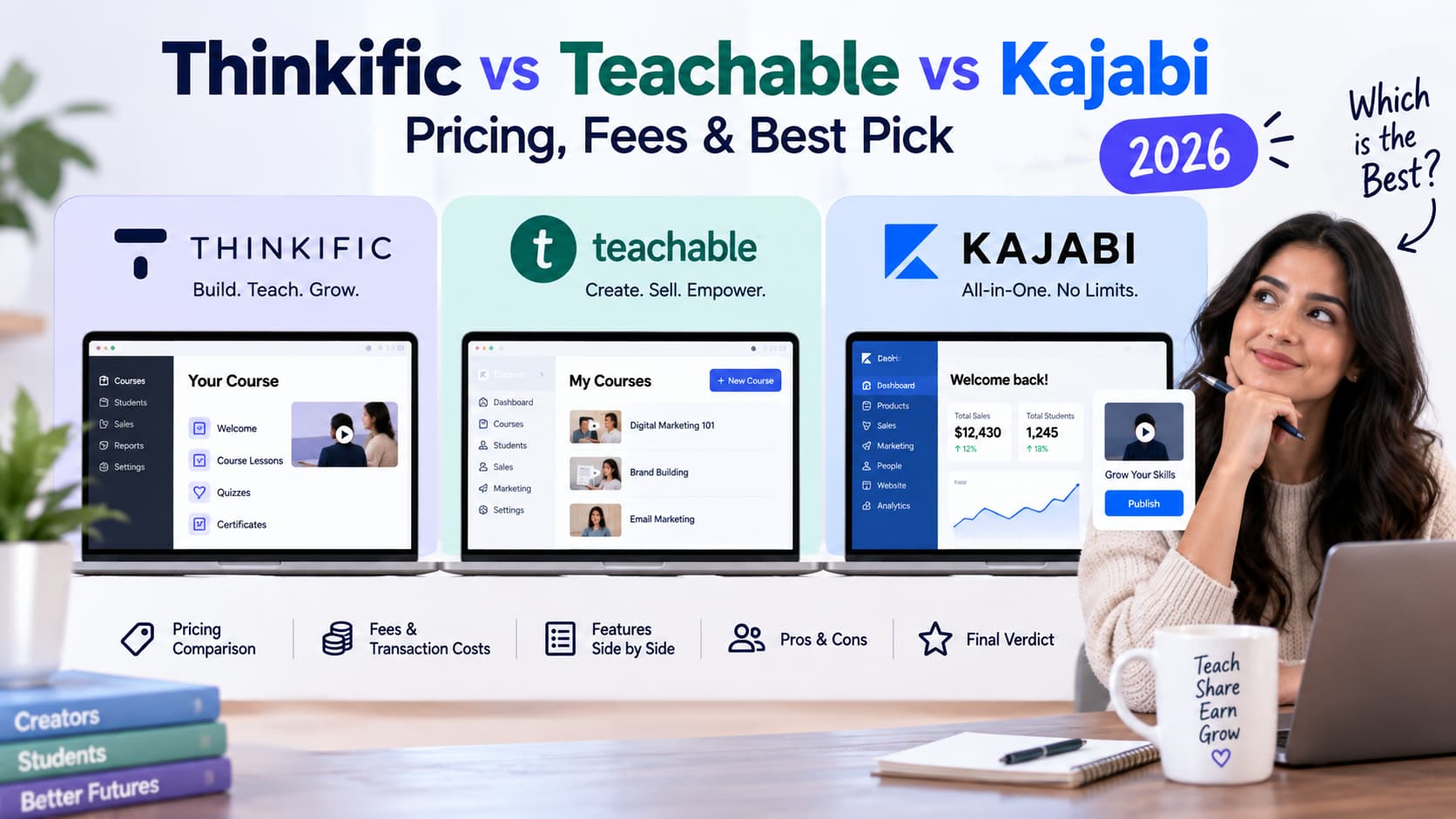 Thinkific vs Teachable vs Kajabi comparison showing pricing, fees, features, pros and cons, and the best course platform to choose in 2026.