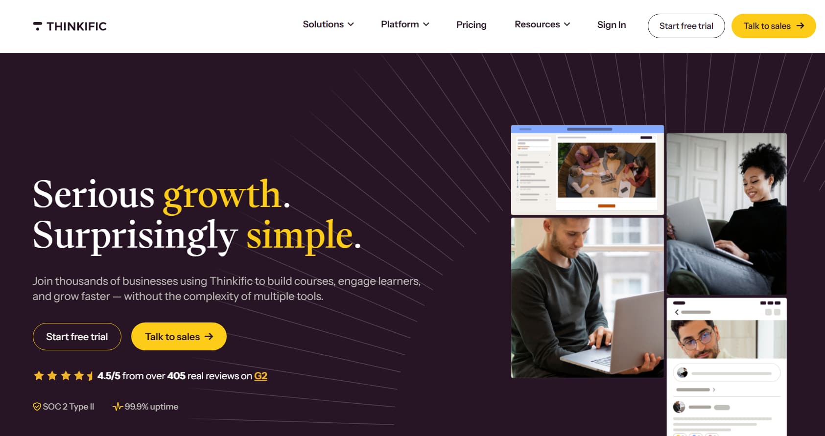 Thinkific homepage featuring the headline “Serious growth. Surprisingly simple.” with course platform visuals, learner images, free trial and sales buttons, and business growth messaging.