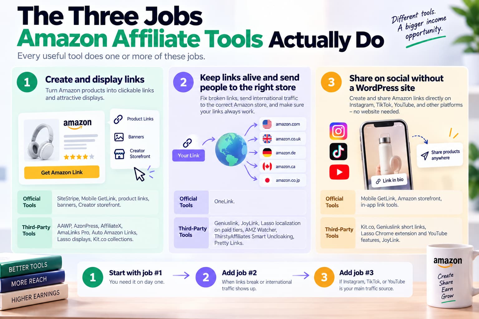 Infographic showing the three main jobs of Amazon affiliate tools: creating and displaying product links, keeping links active and directing international users to the right Amazon store, and sharing affiliate links on social platforms without a WordPress website.