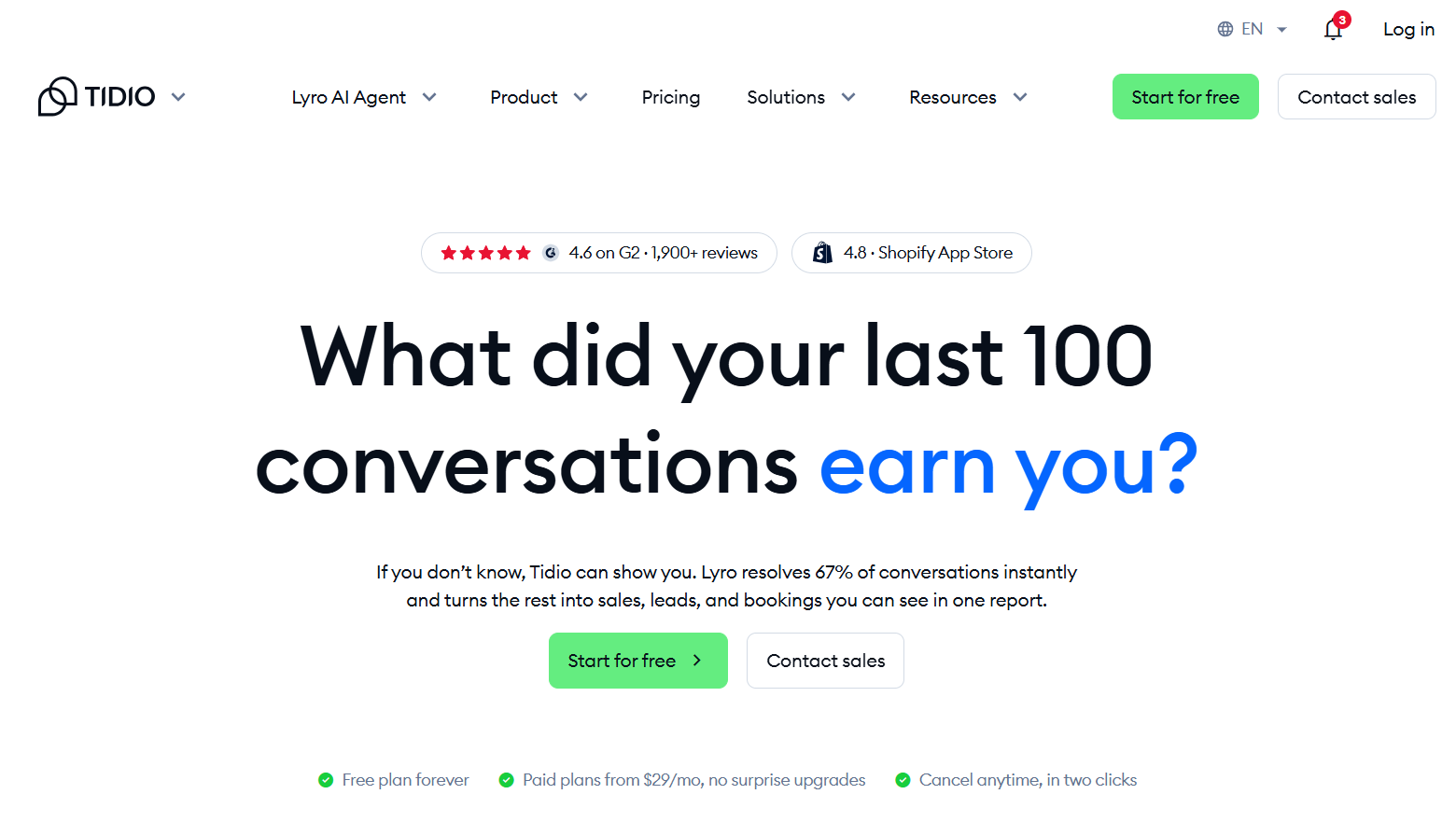 Tidio AI customer service platform homepage showcasing Lyro AI Agent for resolving conversations and generating sales, leads, and bookings.