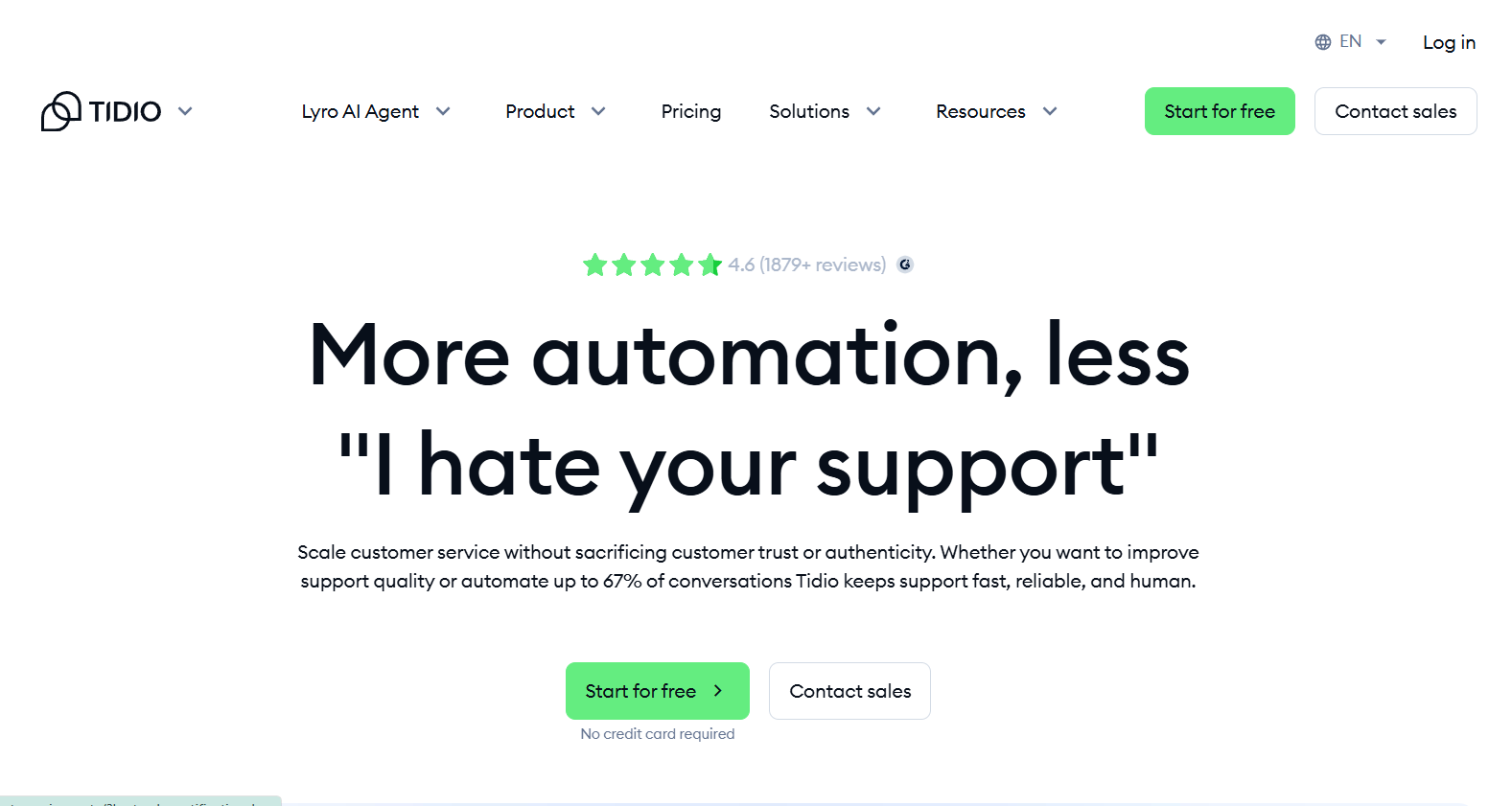 A screenshot of the Tidio website landing page featuring a prominent headline that reads 