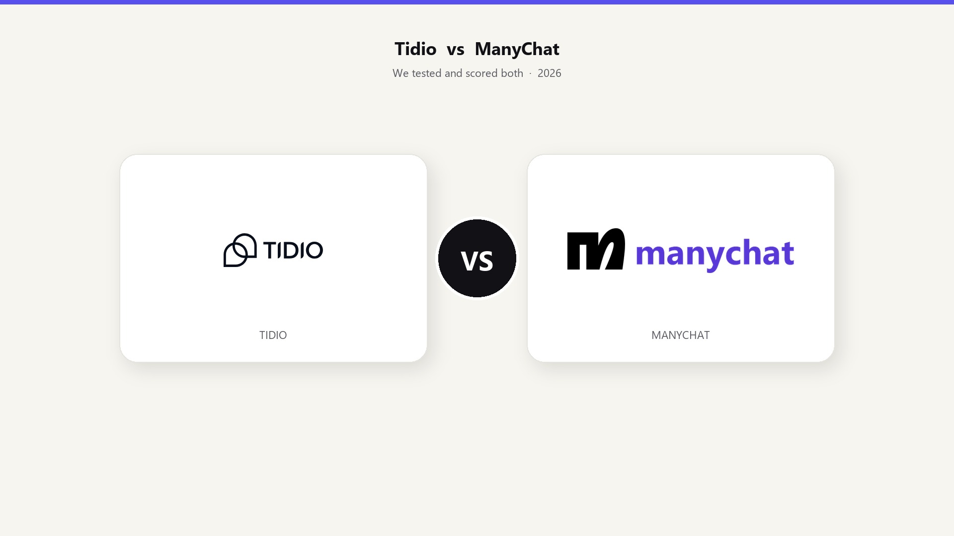 Tidio logo on the left, VS in the center, ManyChat logo on the right. 2026 comparison graphic.