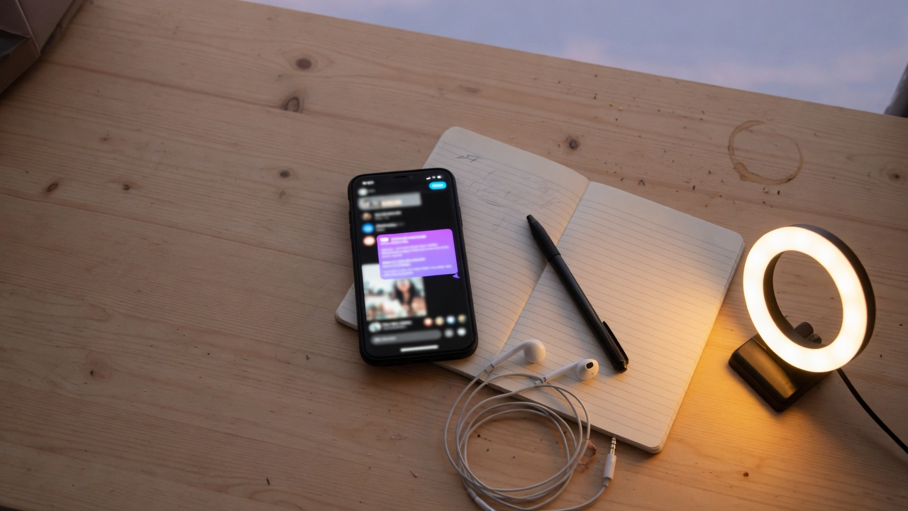 Overhead view of a phone on a wooden desk beside a notebook, earbuds, and a small ring light