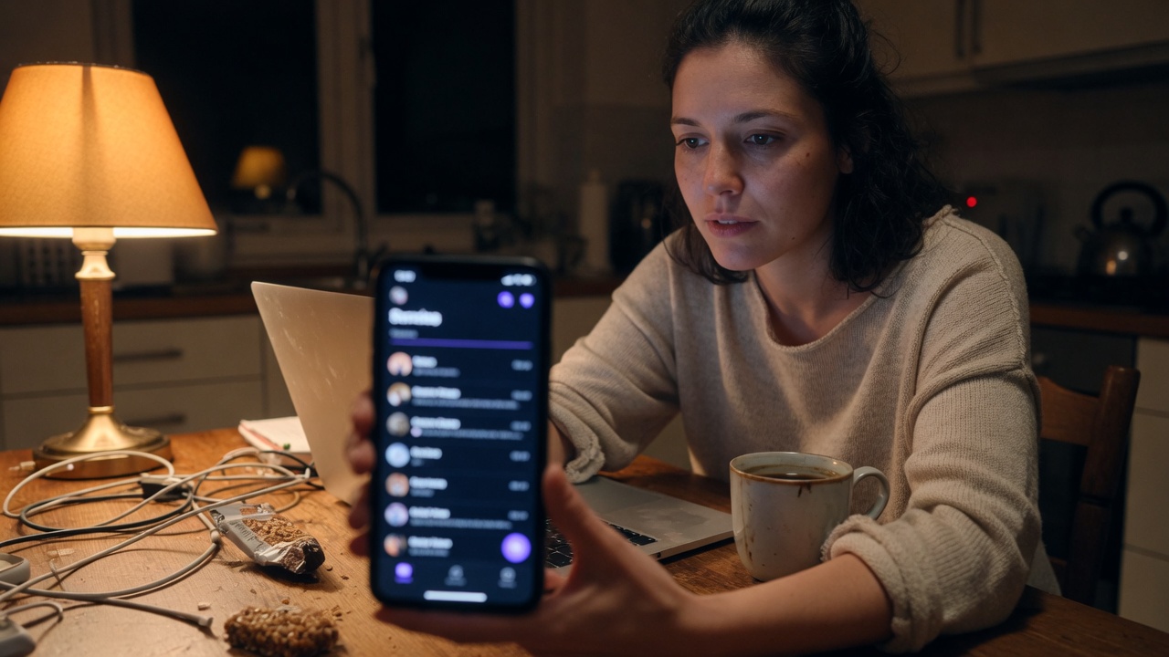 A woman at a kitchen table at night, holding a phone with a glowing message inbox next to a lamp and coffee mug