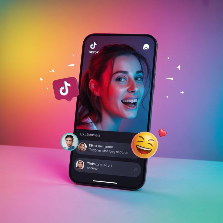 A phone propped on a colorful gradient surface showing a TikTok video with a comment panel and reaction emoji floating around it
