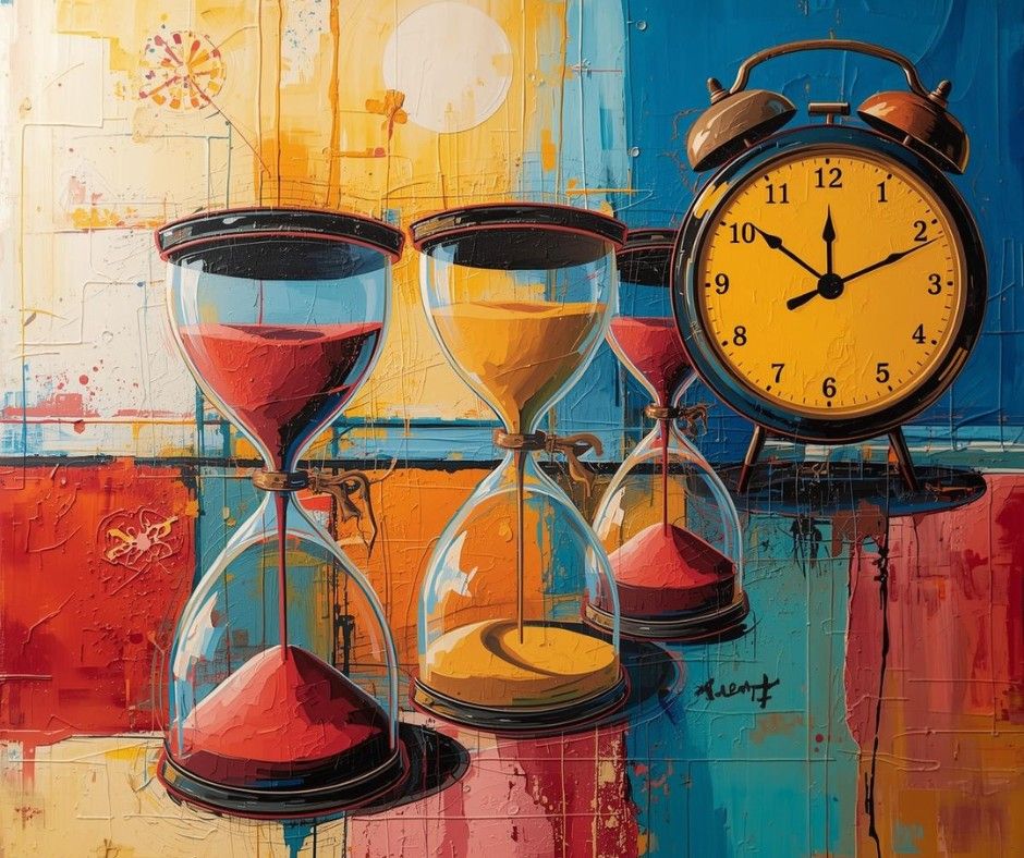 An artistic, textured painting features three hourglasses and a vintage-style alarm clock set against a vibrant, abstract background of blue, orange, and yellow. The hourglasses contain red and yellow sand, symbolizing the passage of time and the importance of managing expectations and timelines in a creative or professional context.