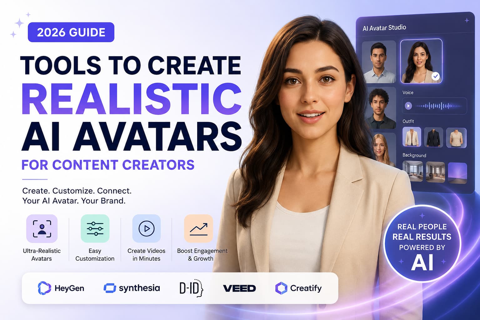 Hero image for a 2026 guide to realistic AI avatar tools, featuring a photorealistic AI-generated woman beside an AI Avatar Studio interface with avatar, voice, outfit, and background customization options. The design highlights top AI avatar platforms including HeyGen, Synthesia, D-ID, VEED, and Creatify for content creators.