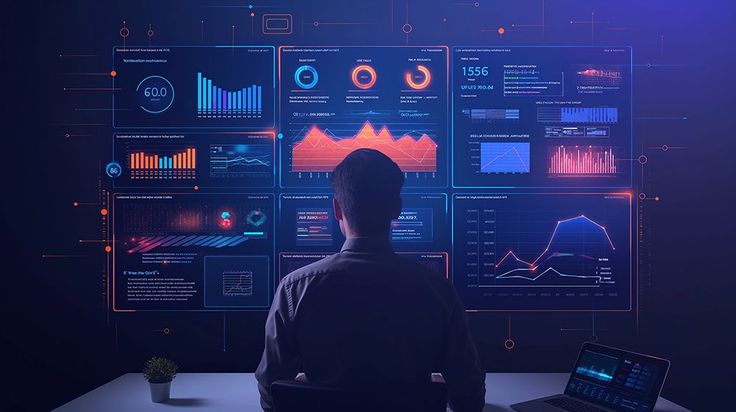 A person is viewed from behind as they sit at a desk, monitoring a large, glowing wall of complex data visualizations and performance metrics. This futuristic workspace includes a laptop and a small potted plant, emphasizing a focused environment for advanced analytics and strategic oversight.