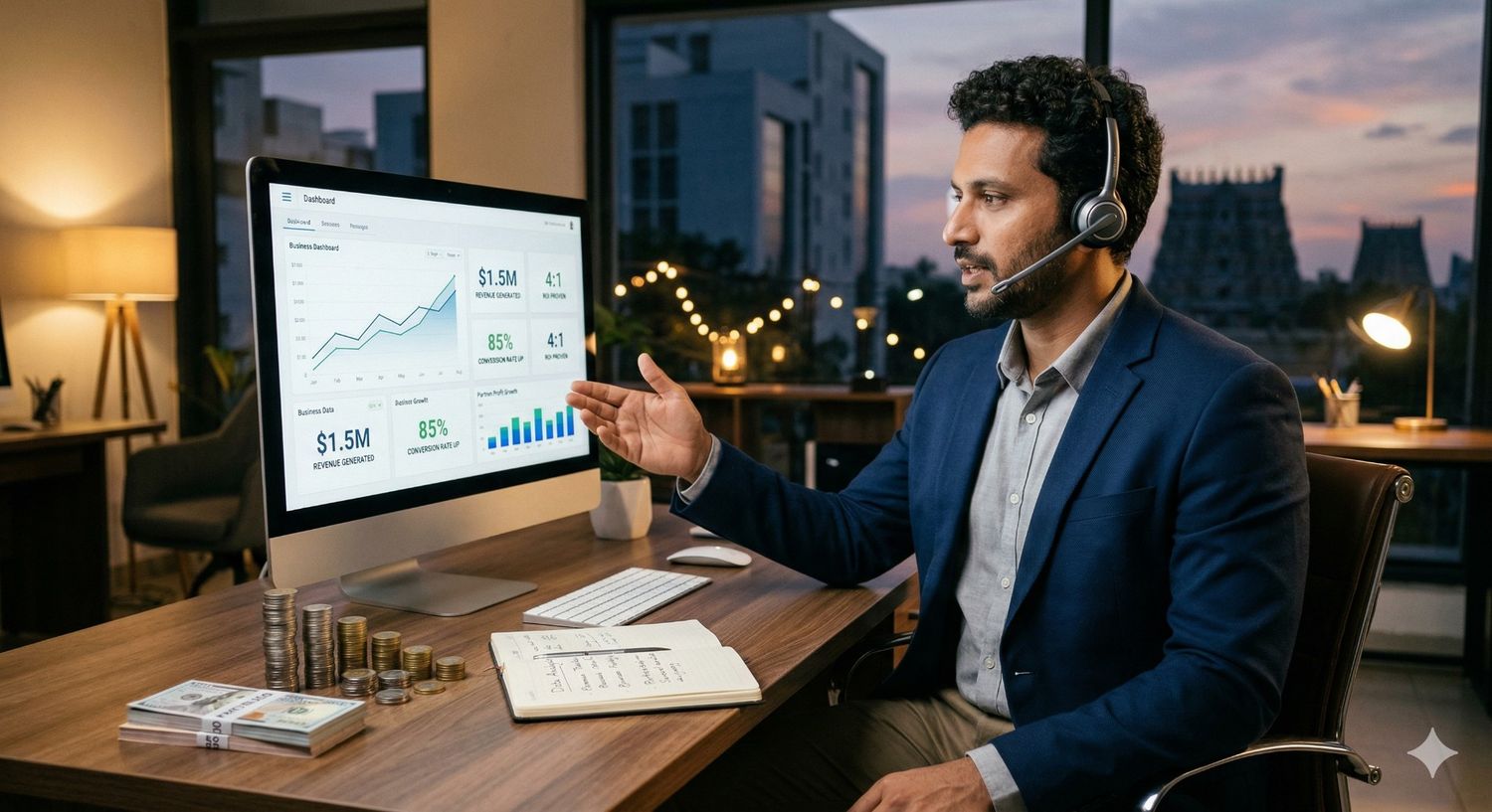 A professional male business consultant wearing a headset, presenting a digital dashboard on a large monitor that displays key growth metrics, including $1.5M revenue generated and an 85% conversion rate. The desk features stacked coins and cash, symbolizing financial success, with a sunset cityscape and a temple visible through the window in the background.