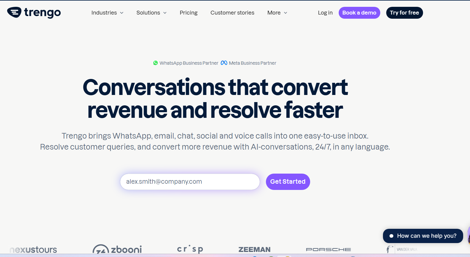 **Alt text:**
Screenshot of the Trengo homepage featuring the headline "Conversations that convert revenue and resolve faster." The page promotes an AI-powered customer communication platform that unifies WhatsApp, email, chat, social media, and voice calls, with Meta Business Partner and WhatsApp Business Partner badges, an email signup field, "Get Started" button, and top navigation with demo and free trial options.