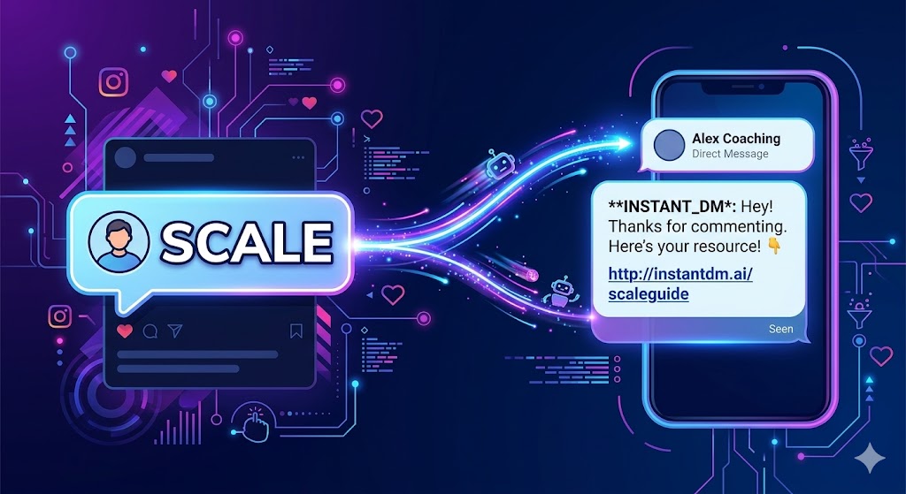 A digital illustration showing a glowing "SCALE" comment on an Instagram post triggering an automated direct message from "Alex Coaching" containing a resource link for InstantDM.