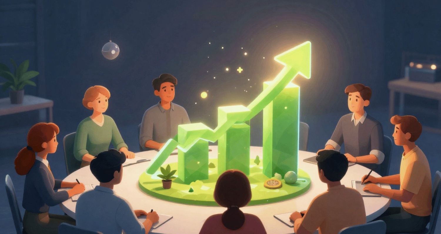 A digital illustration of a diverse team of professionals sitting around a circular table, observing a glowing green 3D bar chart with an upward-trending arrow in the center, representing high growth and business success.