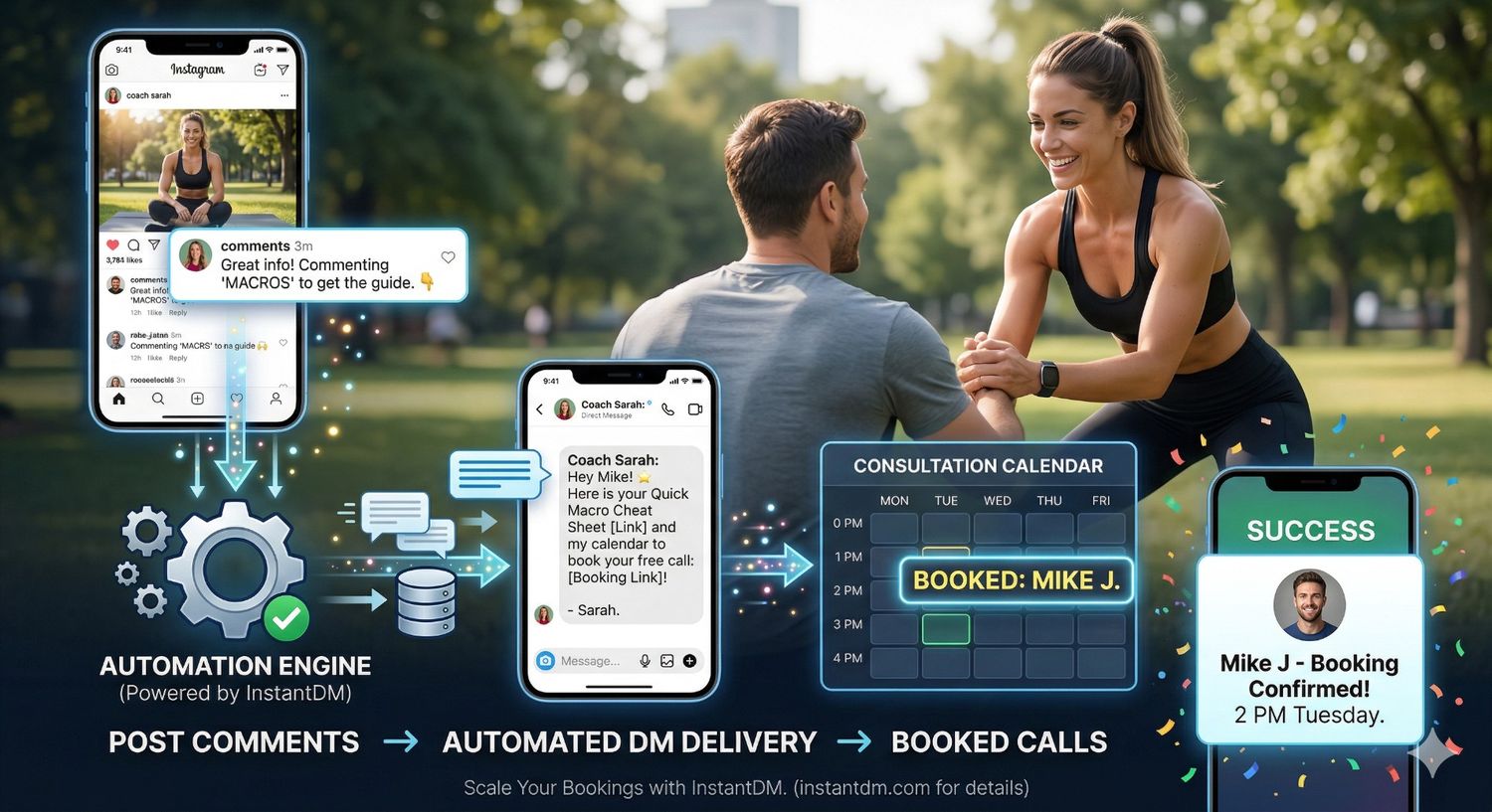 Infographic titled "Turning Post Comments into Booked Calls" showing a three-step automated funnel: a follower comments "MACROS", InstantDM triggers an automated DM with a resource link and booking calendar, resulting in a confirmed consultation booking.