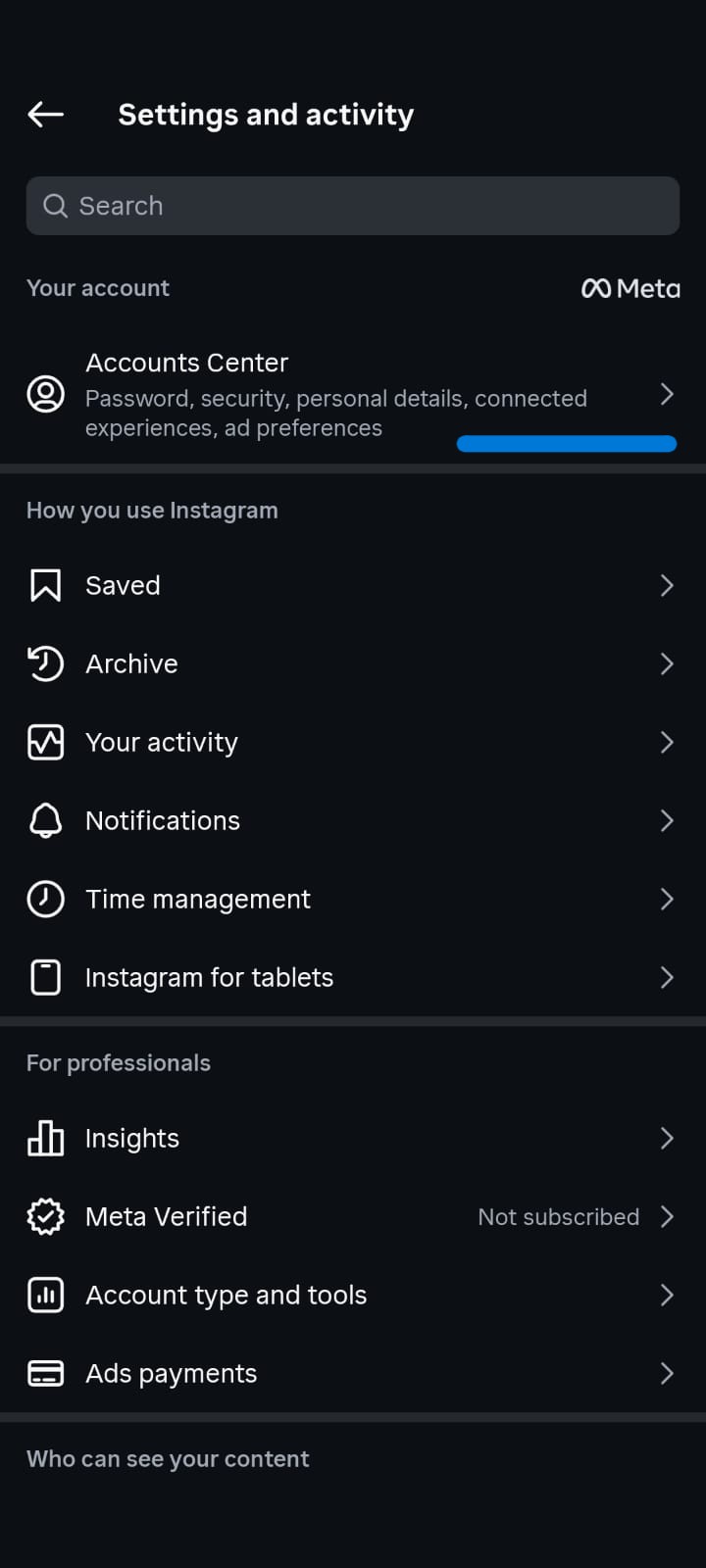 Screenshot of Instagram's Settings and Activity page in dark mode. The screen displays the Accounts Center section with options for password, security, and personal details. Additional menu items include Saved, Archive, Your Activity, Notifications, Time Management, Insights, Meta Verified, Account Type and Tools, and Ads Payments. The Accounts Center option is highlighted, indicating the location for managing account security and recovery settings.