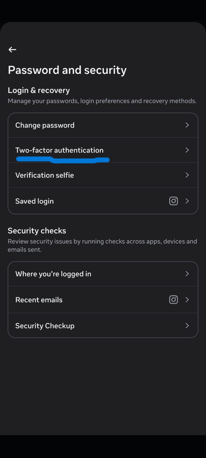 Screenshot of the Password and Security section in Meta Accounts Centre within Instagram. The page includes options for Change Password, Two-Factor Authentication, Verification Selfie, and Saved Login under Login & Recovery. The Two-Factor Authentication option is highlighted, while additional security tools such as Where You're Logged In, Recent Emails, and Security Checkup are displayed below.