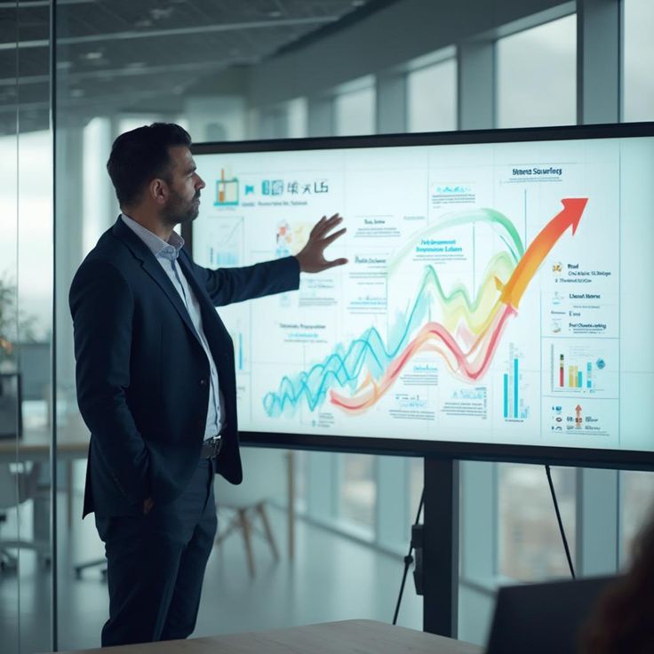 A businessman in a dark suit stands in a modern, glass-walled office, presenting and gesturing toward a large digital whiteboard. The screen displays a complex analytics dashboard featuring colorful, sweeping line graphs and a prominent red arrow pointing upward to indicate significant data growth.