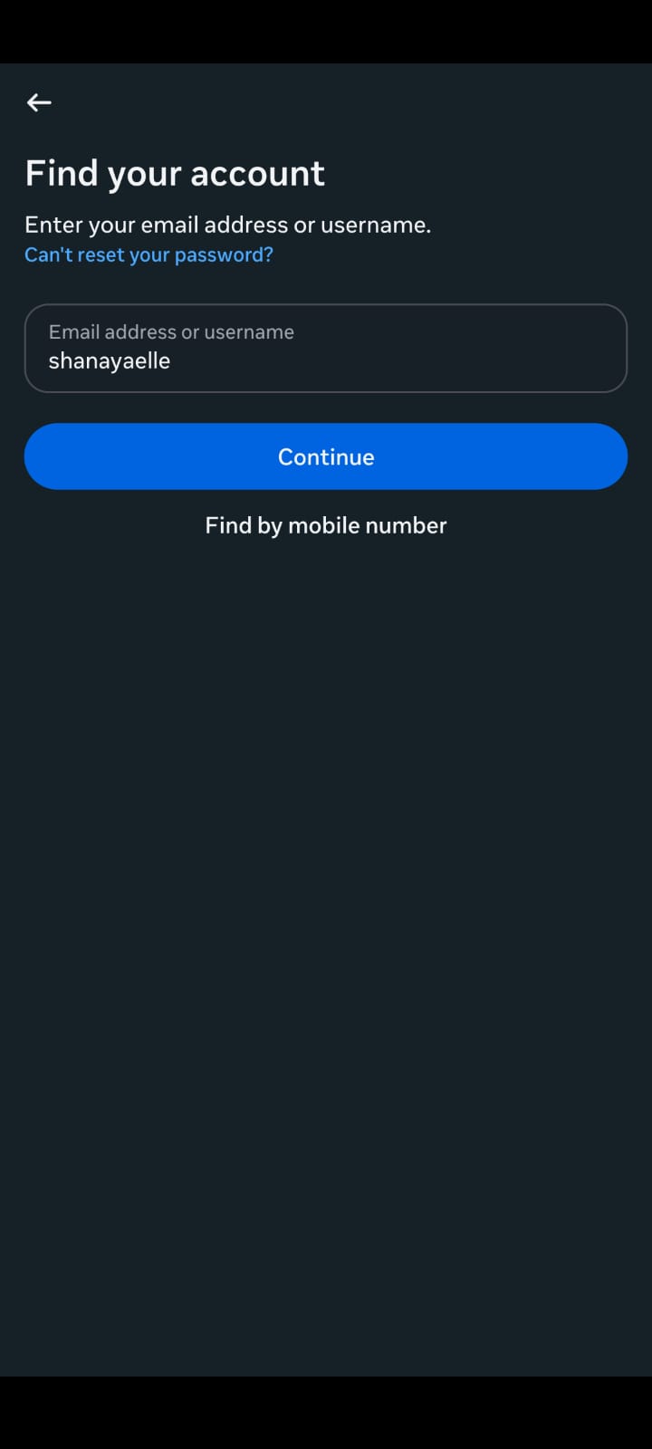 Instagram Find Your Account screen with username and email recovery options