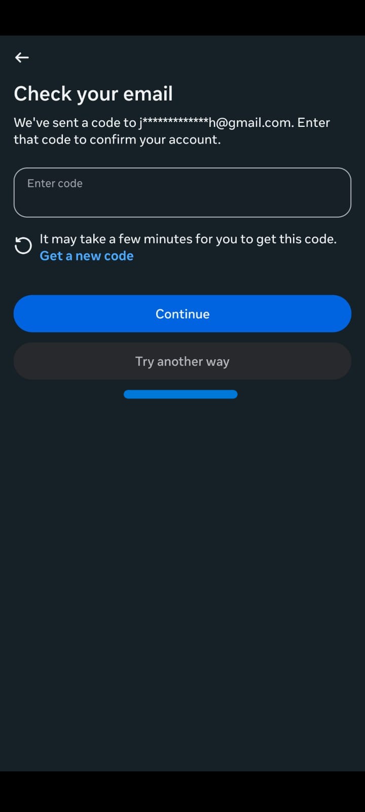 Instagram Check Your Email screen for entering an account verification code
