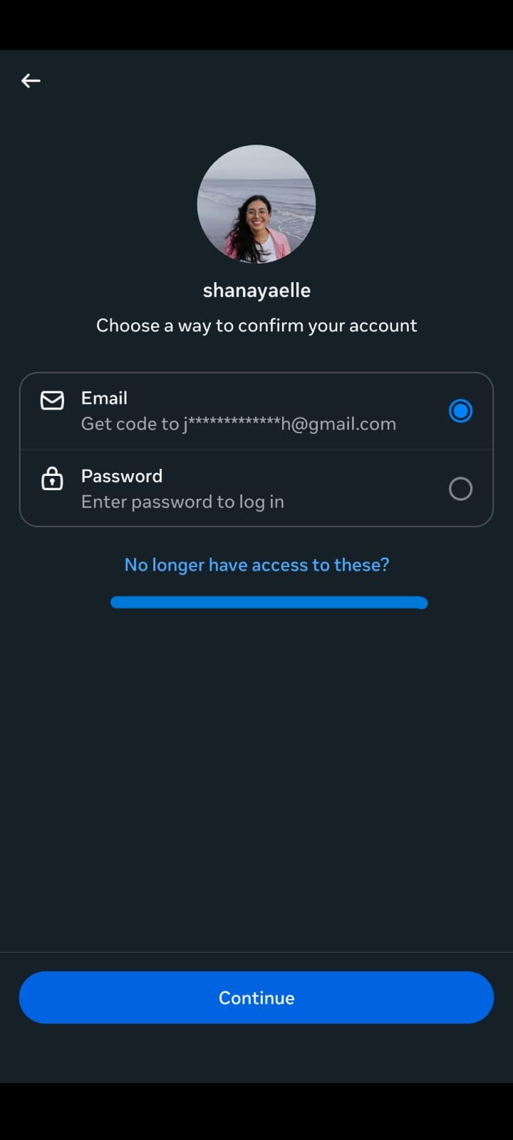 Instagram account confirmation screen with email and password recovery options
