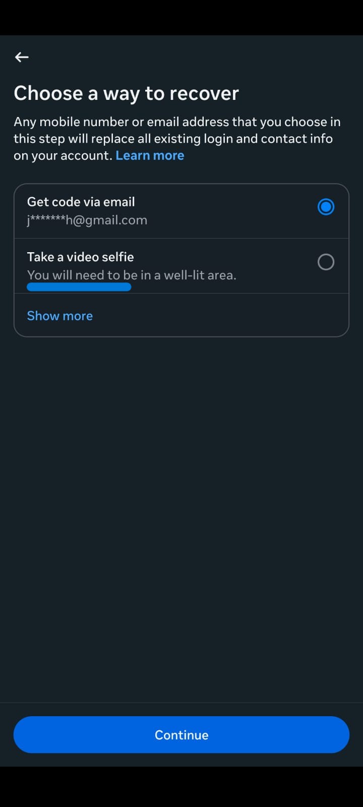Instagram Choose a Way to Recover screen with email code and video selfie options