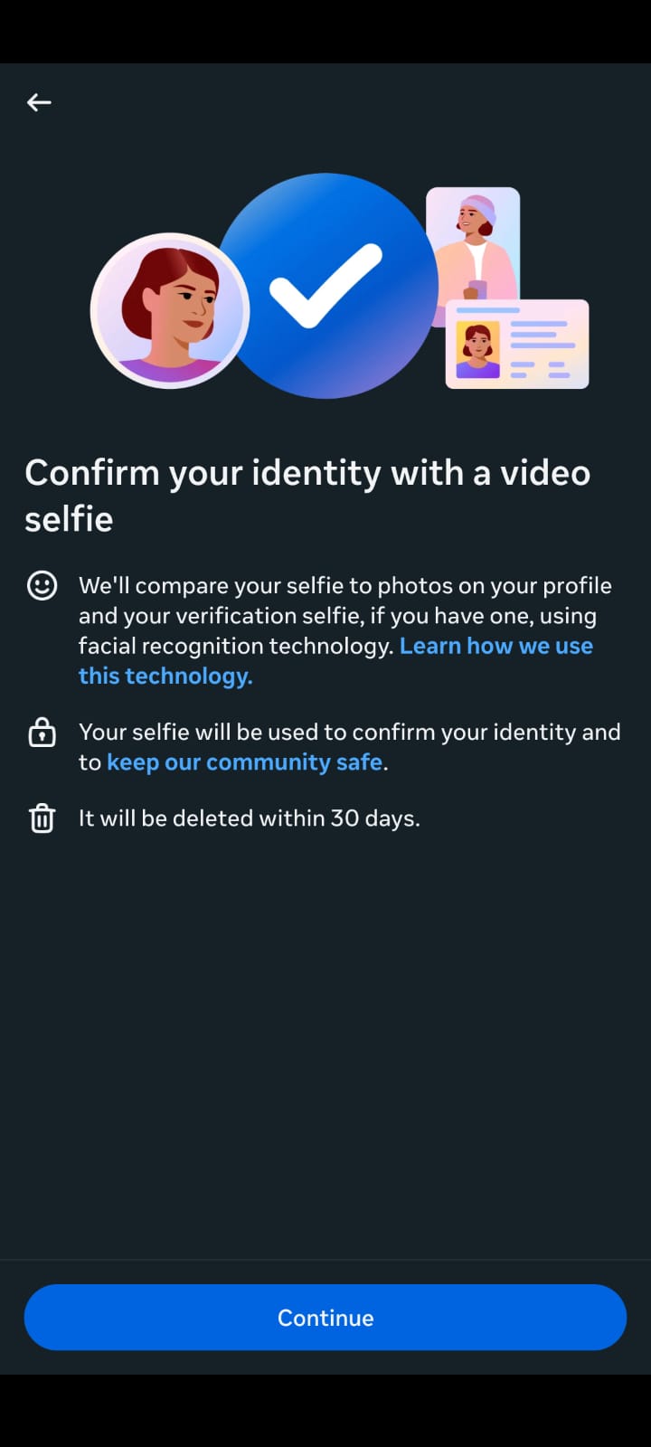 Instagram video selfie identity verification screen for account recovery